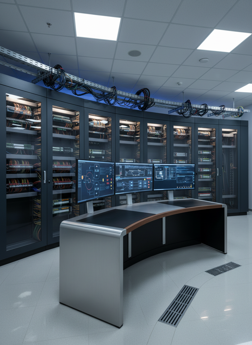 A high-end industrial automation control room in photographic realism, dominated by a sleek, dark-gray wall of PLC cabinets and illuminated control panels. Modular racks with neatly labeled I/O modules and carefully routed colored wiring are visible behind smoked-glass doors. In front, a curved workstation supports multiple ultra-wide HMI and SCADA screens showing complex process diagrams, trend graphs, and alarm status indicators, all abstracted without readable text. Cool, even LED ceiling lighting creates crisp reflections on brushed metal surfaces, while subtle accent lights highlight cable trays overhead. Captured at eye level with a slightly wide-angle lens, the composition uses leading lines from the floor tracks and cable ducts to draw the eye toward the glowing screens, conveying precision, reliability, and Orion Technologies’ tagline: Control • Integrate • Innovate, expressed purely through the organized, high-tech environment.