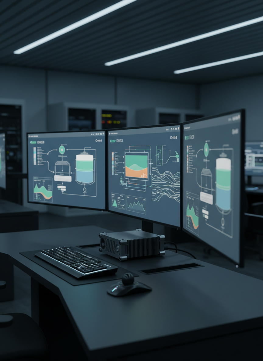 A photorealistic, close-up view of a multi-monitor industrial HMI and SCADA workstation in a spotless control center. Three large, bezel-less displays form a panoramic dashboard, each showing stylized process flow diagrams, tank levels, and trend lines in clean, modern colors without legible text. Below, an industrial-grade compact PC, hardened keyboard, and trackball rest on a matte-black console with cable management channels keeping connections invisible. Soft, cool, indirect LED lighting from recessed fixtures gives the screens a subtle glow, while the rest of the room recedes into a gentle blur with hints of additional panels and server racks. Shot from a slight side angle with shallow depth of field, the composition focuses attention on the clarity and organization of the interface, evoking precision, situational awareness, and the “Control • Integrate • Innovate” ethos.