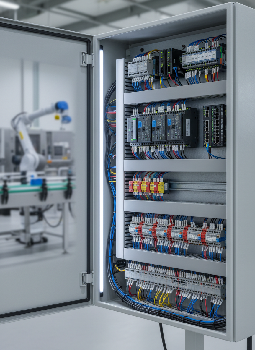 A close-up, photographic image of an open industrial control panel showcasing the heart of an automation system. The metal enclosure door swings wide to reveal rows of DIN-rail mounted PLCs, industrial Ethernet switches, safety relays, and terminal blocks, all meticulously wired with color-coded, laser-printed ferrules. Slim cable ducts with neatly routed cables emphasize disciplined engineering. Soft, cool-white LED strip lighting inside the cabinet casts gentle shadows and highlights the matte textures of gray plastic housings and powder-coated steel. The background is softly blurred, hinting at a modern factory floor with conveyors and robotic cells. Shot from a three-quarter angle with moderate depth of field, the scene feels orderly, professional, and future-focused, visually communicating integration and reliability in industrial automation without any human presence.