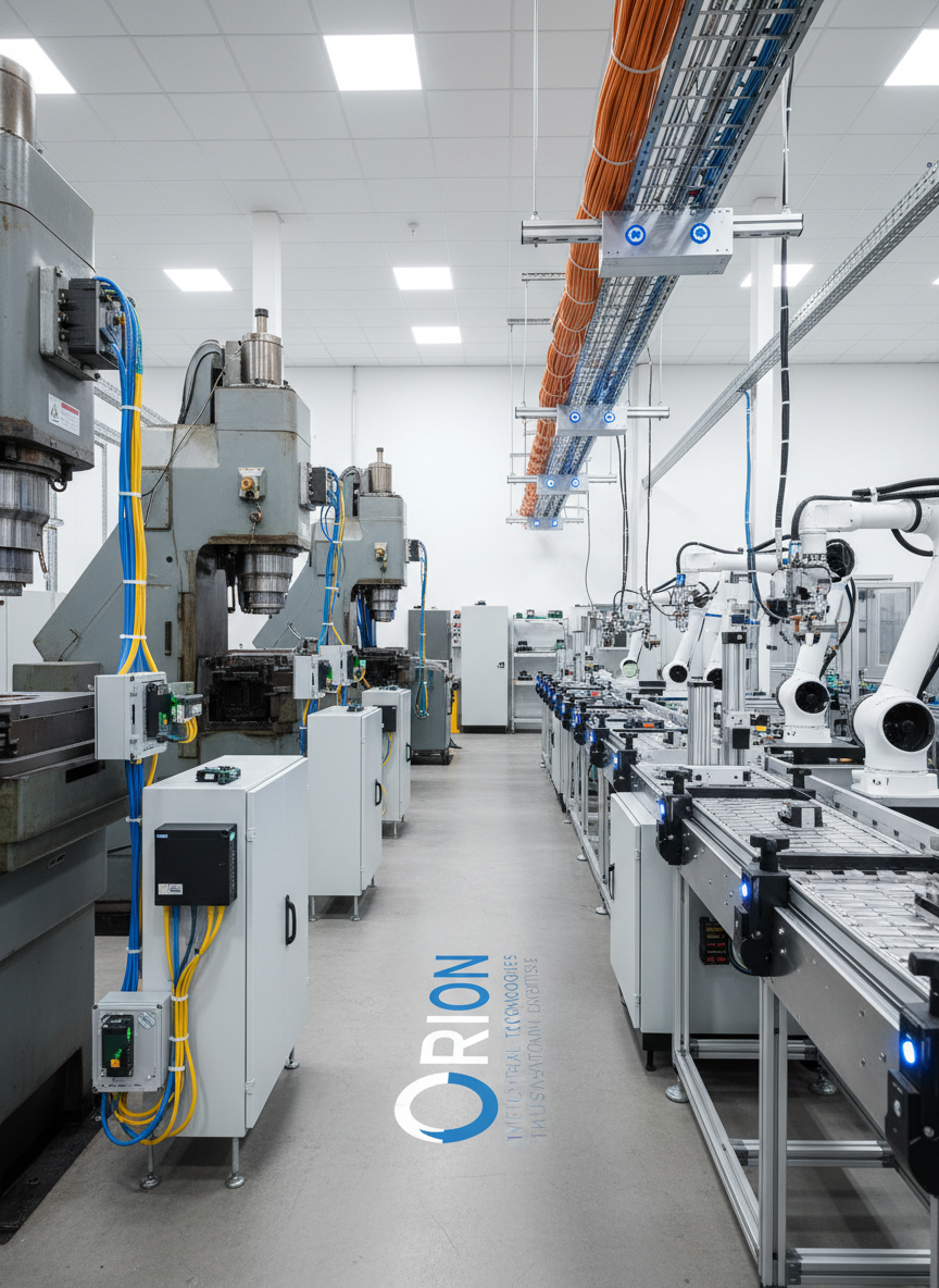 A photorealistic ultra-wide view of a smart manufacturing line integrating legacy machinery with modern automation hardware, retrofitted sensors, modular conveyors, servo-driven actuators, and robotic pick-and-place systems.