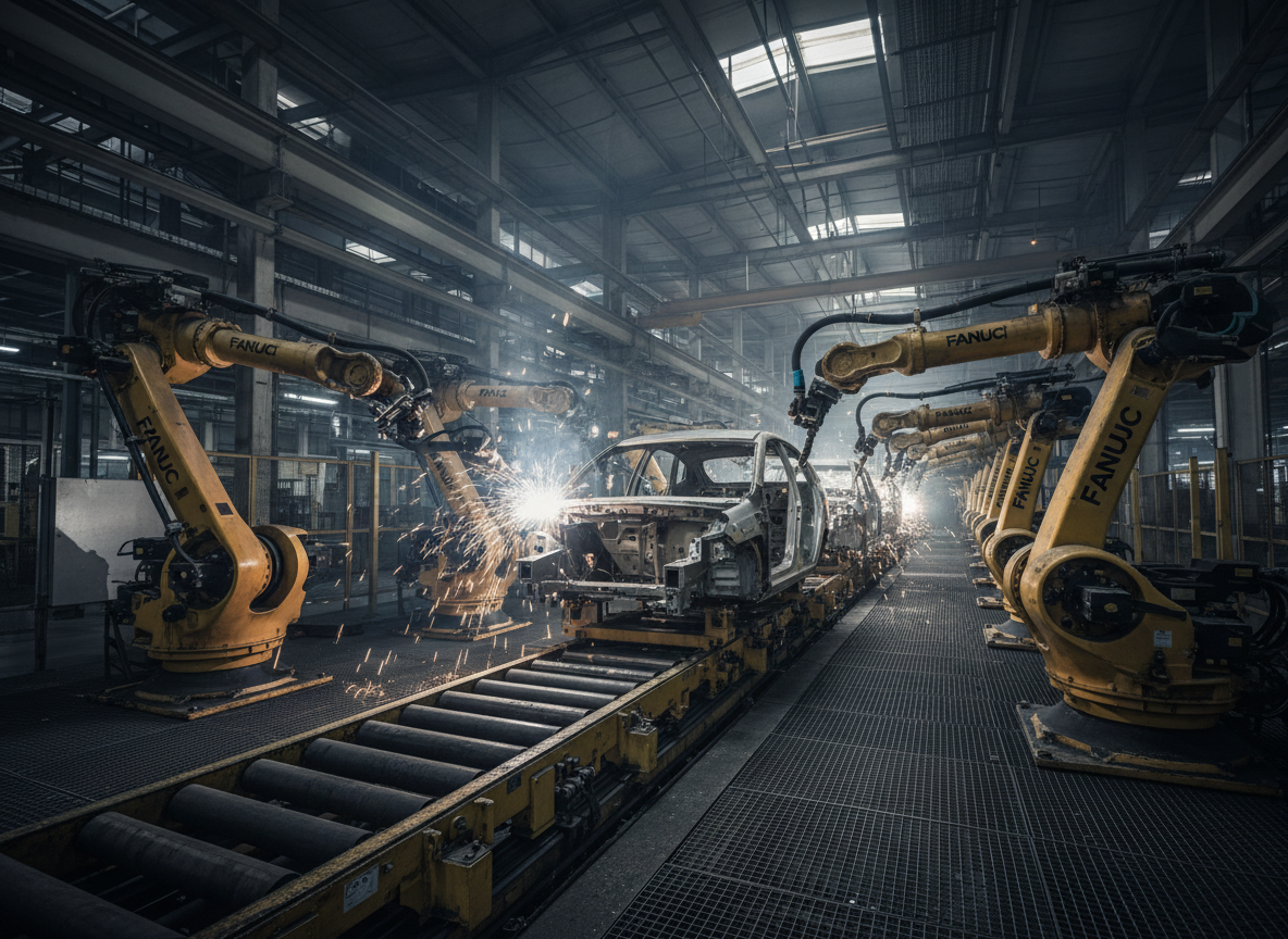 Automotive manufacturing assembly line with yellow robotic arms welding car body frames