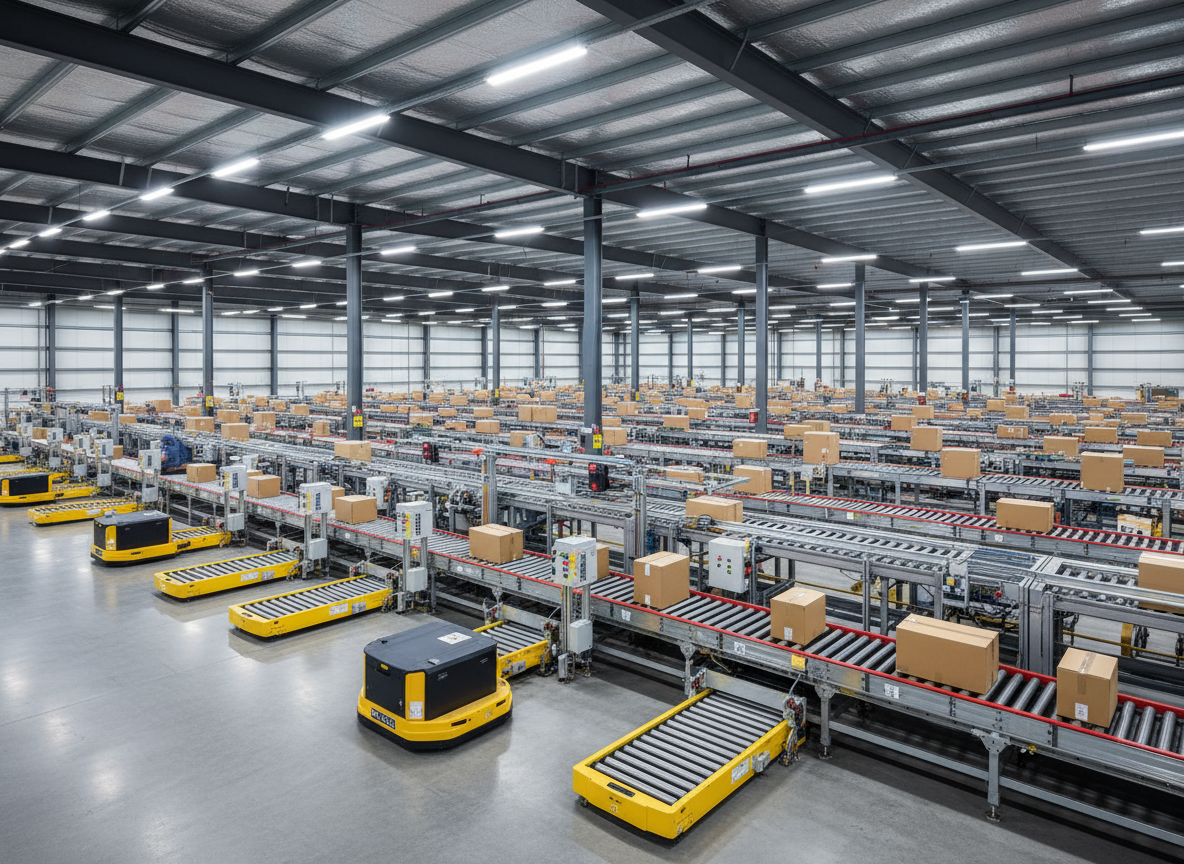 Modern material handling and logistics facility with automated conveyor belts
