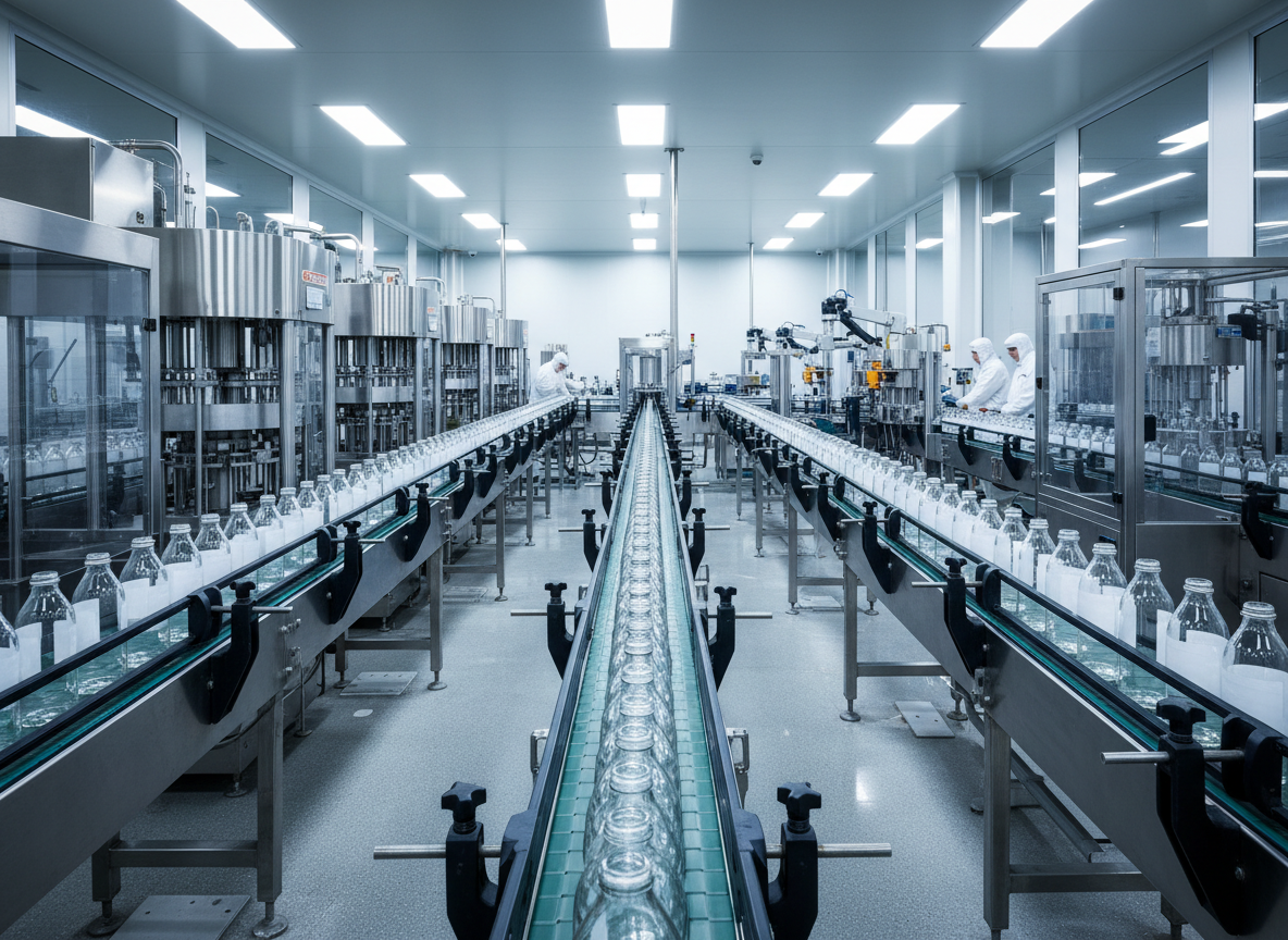 Automated packaging and bottling production line with stainless steel conveyors