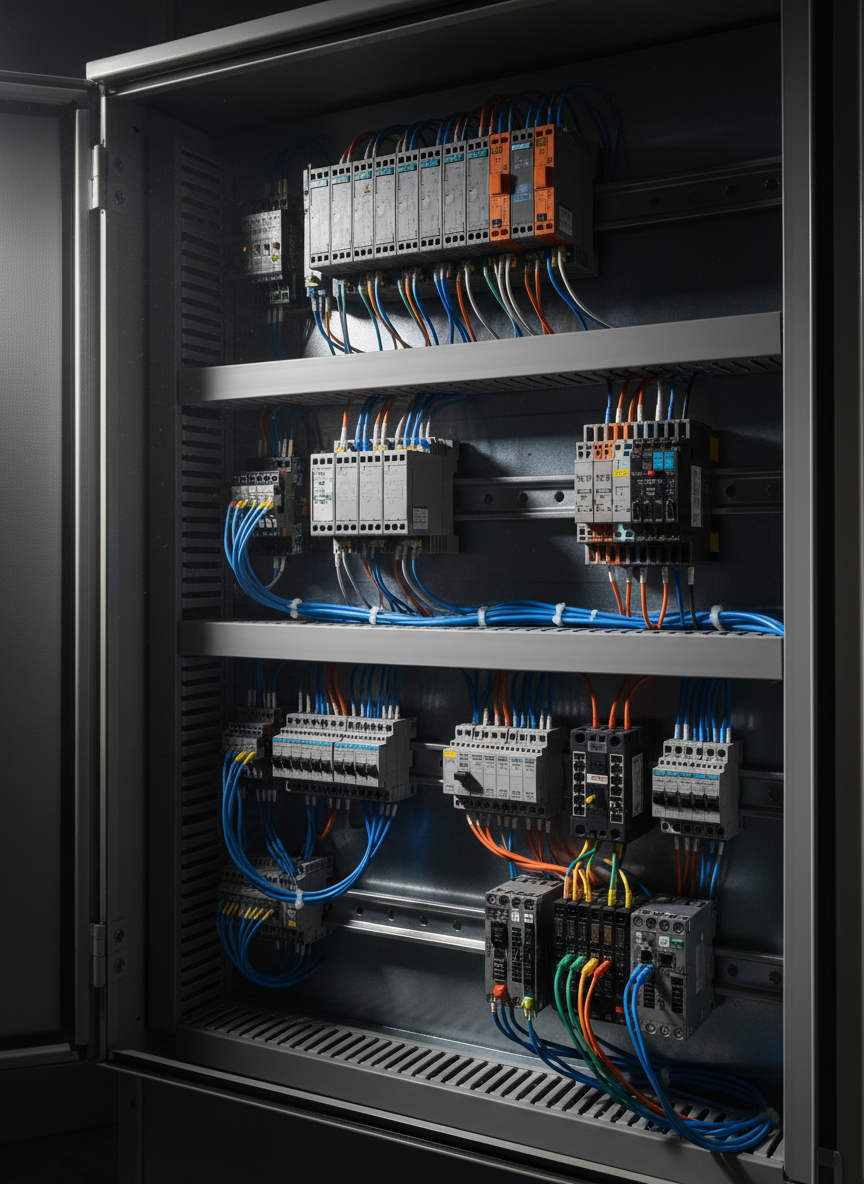 Open industrial PLC control cabinet with neatly routed blue and orange wiring on DIN rails