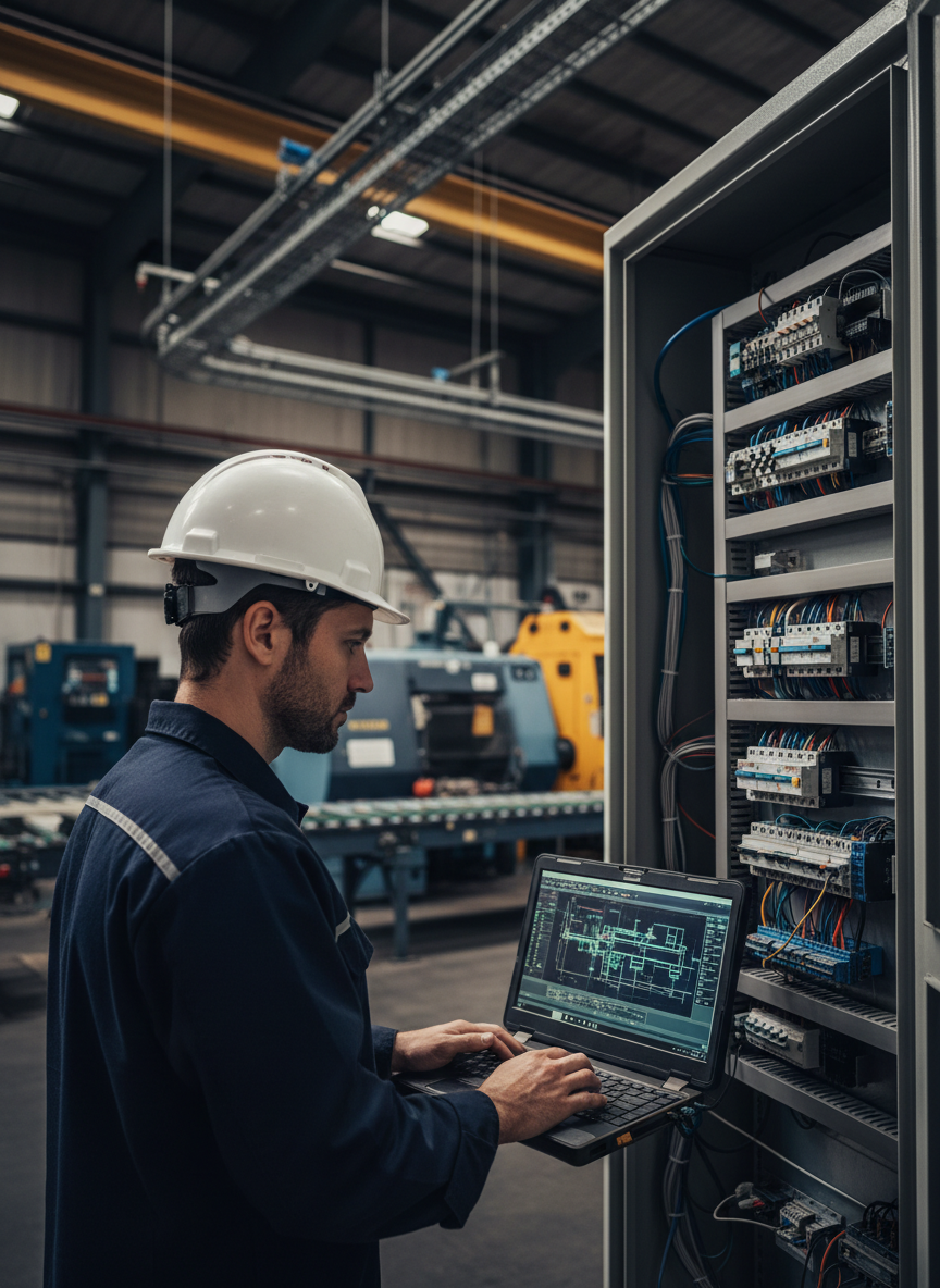 Controls engineer with white hard hat working on laptop in front of industrial control panel